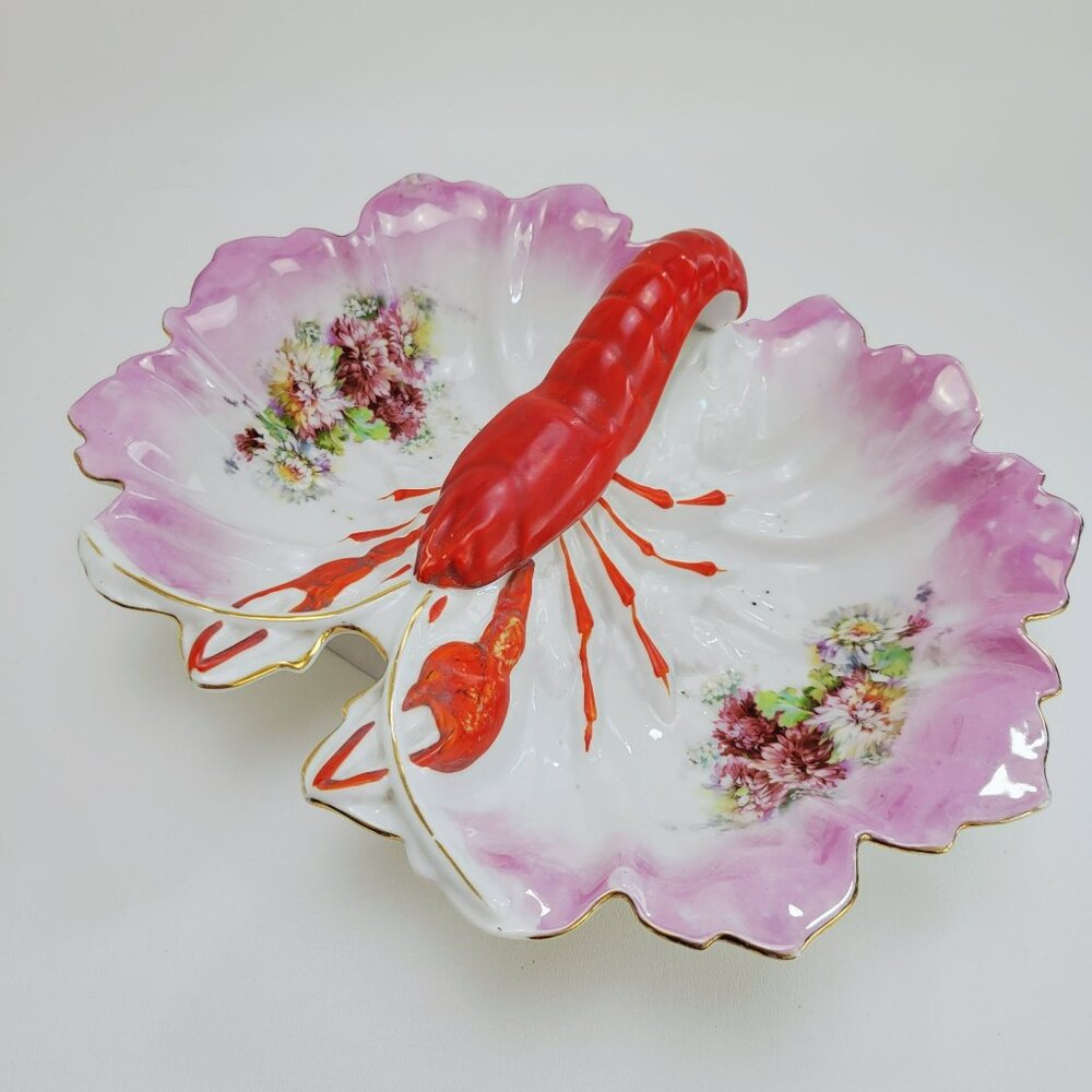 Antique Victorian Lobster Serving Dish, Pink Floral, Coastal Nautical Decor
